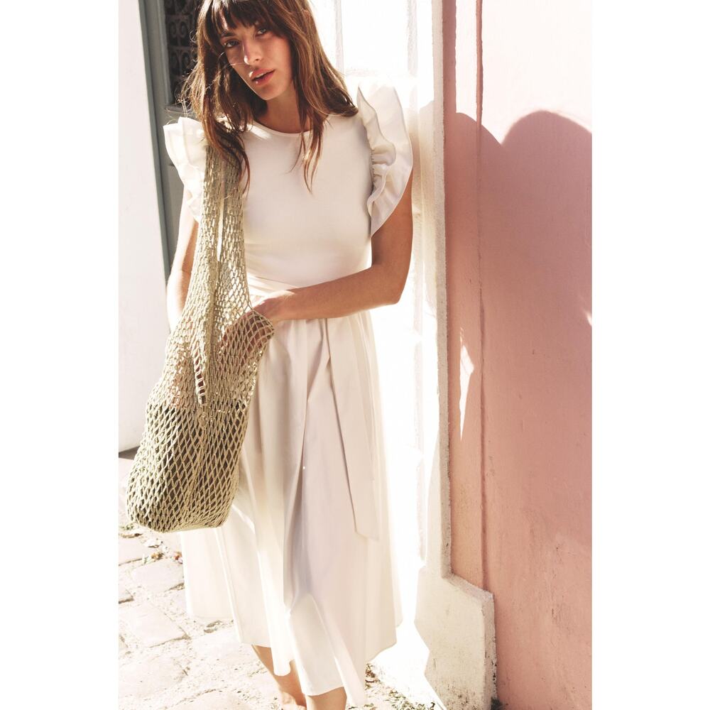 ZARA Ruffled Midi Dress NWT | Ecru Cotton Fit & Flare Belted Size M/L - Picture 14 of 16